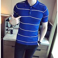 Men\'s Casual/Daily Simple T-shirt, Striped Classic Collar Short Sleeve Cotton