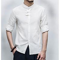 mens casualdaily chinoiserie summer shirt solid stand sleeve linen