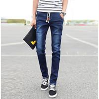 mens mid rise micro elastic jeans pants simple slim pure color solid