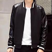 Men\'s Casual/Daily Simple Spring Leather Jacket, Solid Round Neck Long Sleeve Regular Polyester PU