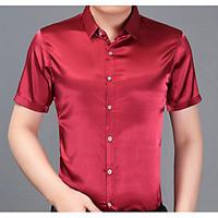 Men\'s Casual Daily Work Summer Stand Collar Short Sleeve Silk Solid Color Button Mercerized Shirt