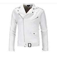 Men\'s Casual/Daily Simple Spring Fall Leather Jacket, Solid Shirt Collar Long Sleeve Regular PU