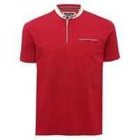 Mens Short Sleeve Plain Red Geometric print Detail Grandad style collar Button Up polo shirt - Red