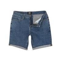 mens mid wash denim shorts classic five pocket design mid blue