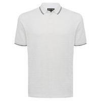 Mens white short sleeve square pattern jacquard fabric black trimmed collar polo shirt - White