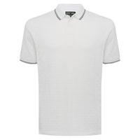 Mens white short sleeve square pattern jacquard fabric black trimmed collar polo shirt - White