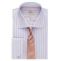 Men\'s Formal Blue & Orange Multi Stripes Classic Fit Shirt - Double Cuff - Easy Iron