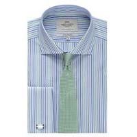 Men\'s Formal Blue & Green Multi Stripe Extra Slim Shirt - Windsor Collar - Double Cuff - Easy Iron