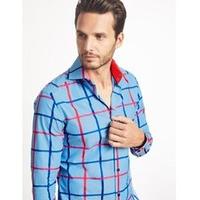 Men\'s Curtis Blue & Orange Multi Check Slim Fit Shirt - High Collar - Single Cuff