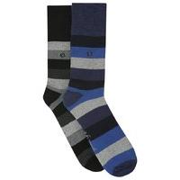 Mens 2 Pack Cotton Rich Gentle Grip Honeycomb Cushion Foot Stripe Design Knit Socks - Multicolour