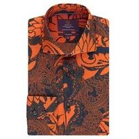 Men\'s Curtis Orange & Navy Paisley Slim Fit Shirt - High Collar - Single Cuff