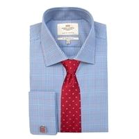Men\'s Formal Blue & Red Prince of Wales Check Slim Fit Shirt - Double Cuff - Easy Iron