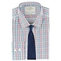 Men\'s Formal Red & Navy Grid Check Extra Slim Fit Shirt - Single Cuff - Easy Iron