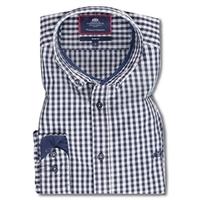 Mens Grey & Navy Check Washed Cotton Oxford Slim Fit Shirt - Single Cuff