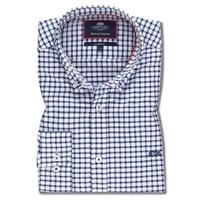 Mens White & Navy Check Washed Cotton Oxford Classic Fit Shirt - Single Cuff