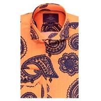 Men\'s Curtis Navy & Orange Paisley Slim Fit Shirt - High Collar - Single Cuff