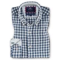 Men\'s Blue & White Medium Check Linen Oxford Classic Fit Shirt - Single Cuff