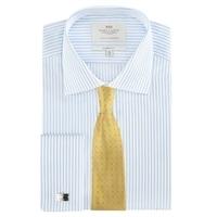 Men\'s White & Light Blue Stripe Classic Fit Shirt - Double Cuff - Easy Iron