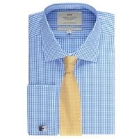 Men\'s Formal White & Blue Gingham Check Slim Fit Shirt - Double Cuff - Easy Iron