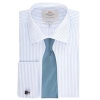 Men\'s Formal White & Light Blue Stripe Slim Fit Shirt - Double Cuff - Easy Iron
