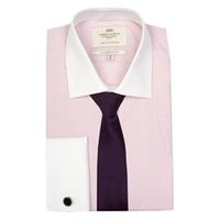 Men\'s Pink & White Fine Stripe With White Collar & Cuff Cotton Slim Fit Shirt - Double Cuff - Easy Iron