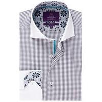 Men\'s Curtis Grey & White Gingham Check Slim Fit Shirt - High Collar - Single Cuff