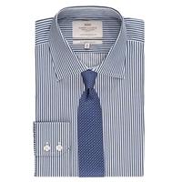 Men\'s Formal Navy & White Bengal Stripe Slim Fit Shirt - Single Cuff - Easy Iron