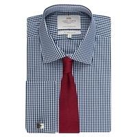Men\'s Navy & White Gingham Check Slim Fit Cotton Shirt - Double Cuff - Easy Iron