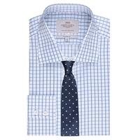 Men\'s Blue & White Grid Check Classic Fit Shirt - Single Cuff - Easy Iron