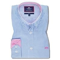 Men\'s Blue & Fuchsia Gingham Check Oxford Slim Fit Shirt - Single Cuff