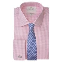 Men\'s Formal White & Pink Gingham Check Slim Fit Shirt - Double Cuff - Easy Iron