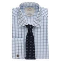 Men\'s Formal Blue & White Grid Check Slim Fit Shirt - Double Cuff - Easy Iron