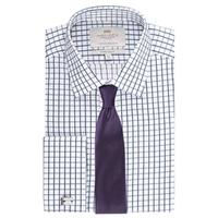 Men\'s Formal Navy & White Medium Check Extra Slim Fit Shirt - Double Cuff - Easy Iron