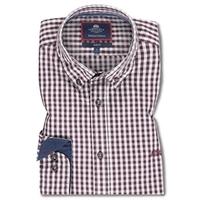 Mens Grey & Burgundy Check Washed Cotton Oxford Slim Fit Shirt - Single Cuff