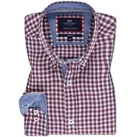 Men\'s Red & Navy Multi Check Linen Oxford Slim Fit Shirt - Single Cuff