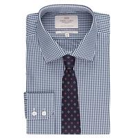 Men\'s Formal White & Navy Gingham Check Slim Fit Shirt - Single Cuff - Easy Iron