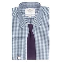 Men\'s Formal Navy & White Gingham Check Extra Slim Fit Shirt - Double Cuff - Easy Iron