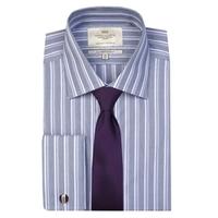 Men\'s Navy & Lilac Multi Stripe Slim Fit Cotton Shirt - Double Cuff - Easy Iron