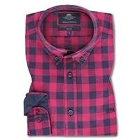 Mens Red & Navy Herringbone Check Brushed Cotton Oxford Slim Fit Shirt - Single Cuff