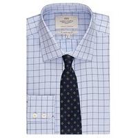 Men\'s Blue & White Grid Check Slim Fit Shirt - Single Cuff - Easy Iron