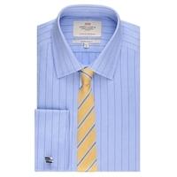 Men\'s Blue & Navy Herringbone Stripe Extra Slim Fit Shirt - Double Cuff - Easy Iron