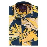 Men\'s Curtis Navy & Yellow Paisley Slim Fit Shirt - High Collar - Single Cuff