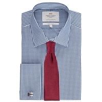 Men\'s Formal White & Navy Gingham Extra Slim Fit Shirt - Double Cuff - Easy Iron