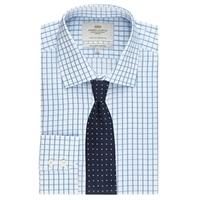 Men\'s Blue & White Grid Check Slim Fit Shirt - Single Cuff - Easy Iron