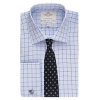 Men\'s Blue & White Grid Check Slim Fit Shirt - Double Cuff - Easy Iron