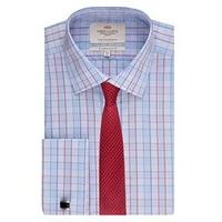 mens blue red multi check slim fit shirt double cuff easy iron