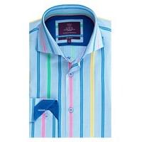 Men\'s Curtis Blue Multi Stripe Slim Fit Shirt - High Collar - Single Cuff
