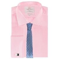 mens white pink gingham check slim fit shirt double cuff easy iron