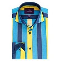 Men\'s Curtis Navy and Yellow Multi Stripe Slim Fit Shirt - High Collar - Single Cuff