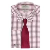 Men\'s Formal White & Burgundy Grid Check Extra Slim Fit Shirt - Double Cuff - Easy Iron